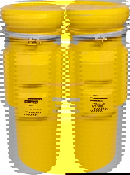 65 Gallon Capacity, Metal Band with Bolt Closure, Yellow Salvage Drum